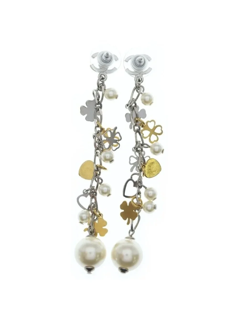 Chanel CC Logo Clover Heart Motif Faux Pearl Earrings Silver Gold